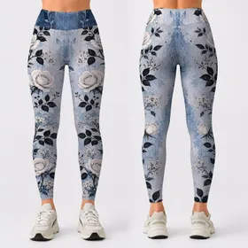 Faux Denim Blue Floral Vine With White Roses For Casual Streetwear And Yoga Style Leggings
