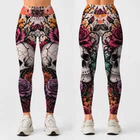 Gothic Skull And Black Rose Vines With Neon Watercolor Splashes For Punk Festivals Leggings