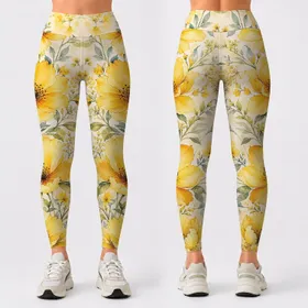Yellow Watercolor Wildflower Garden For Spring Yoga Studio And Brunch Outfits For Women Leggings