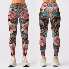 Boho Paisley Roses With Coffee Brown Florals For Festival Yoga And Casual Wear Style Leggings