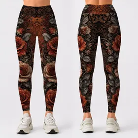 Gothic Rose Bouquet With Burnt Orange Damask For Dark Academia Festival Looks Leggings