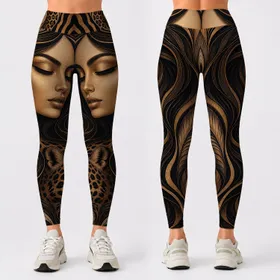Stylized Feminine Face With Wildcat Motifs For Luxe Festival And Studio Style Looks Leggings