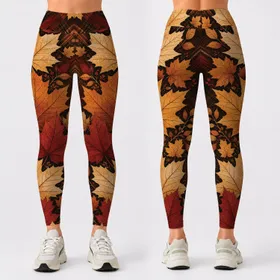 Autumn Maple Leaves With Rustic Plaid For Cozy Seasonal Fall Outfits And Casual Women Leggings