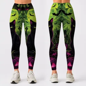 Black Cat Neon Halloween Garden With Pumpkins Bats Gothic Cute Witchy Style Lovers Leggings