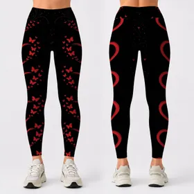 Crimson Open Hearts And Butterflies On Matte Black For Romantic Casual Outfits For Women Leggings