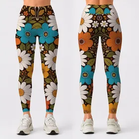 Retro Floral Daisies On Dark Chocolate For Boho Yoga, Dance, Festival Outfits Leggings
