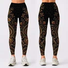 Ornate Bohemian Paisley Lotus Mandala In Black Gold For Yoga Gym Festival Women Style Leggings