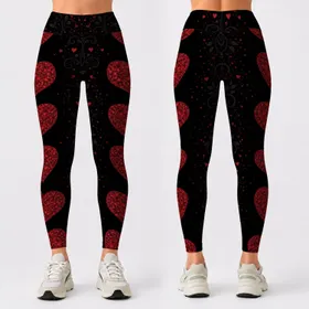 Crimson Heart Column On Black Valentine Workout Lounge And Date Night Style For Women Leggings