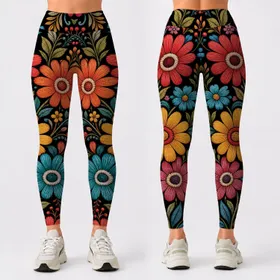 Black Folk Art Floral Embroidery Style Blooms For Everyday Boho Wardrobe Plus Size Leggings