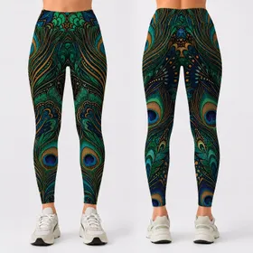 Opulent Peacock Feather Collage For Boho Evening Festivals And Luxe Lounge Style Leggings