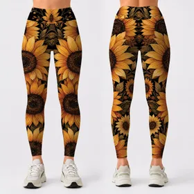 Golden Sunflowers On Black Retro Boho Floral Style For Festival And Everyday Vibes Leggings