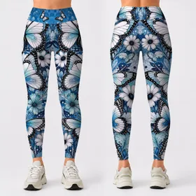 Faux Denim Blue Butterflies And Daisies For Casual Summer Outfits And Yoga Style Leggings