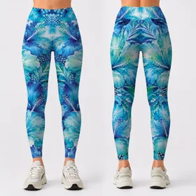 Ocean Aqua Floral Tie Dye Boho Activewear Style For Yoga Studio And Beach Workouts Leggings