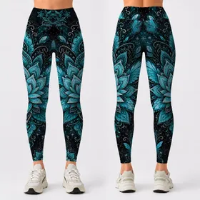 Turquoise Butterfly Lace Mandala With Cosmic Teal Nebula For Boho Festival Style Leggings
