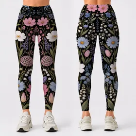 Botanical Wildflower Meadow On Black For Yoga Studio And Everyday Feminine Style Leggings