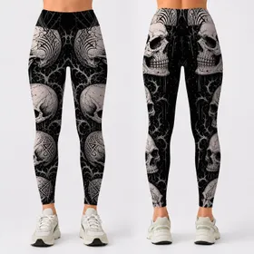White Gothic Skull Column On Black For Dark Gym, Yoga, Festival, And Streetwear Fans Leggings