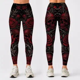 Crimson Rose Skull Gothic Floral Dark Romance Festival Outfit For Alternative Women Leggings