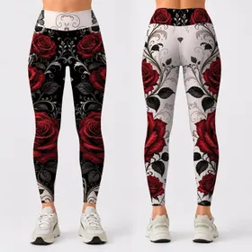 Crimson Rose Baroque Vine With Black Ivory Split For Romantic Spring Boutique Style Leggings