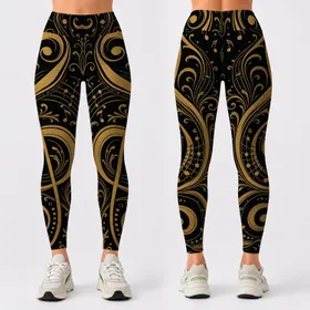 Metallic Gold Music Notes On Black For Concert Nights And Elegant Studio Style Looks Leggings