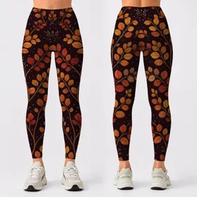 Autumn Botanical Branches On Deep Burgundy For Upscale Elegant Fall Casual Outfits Leggings