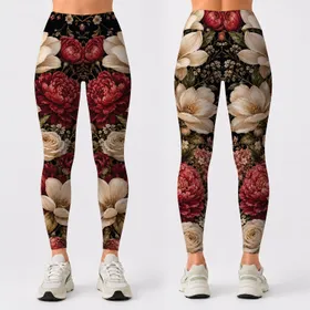 Vintage Magnolia Rose Peony Floral On Black For Romantic Casual Everyday Style Women Leggings