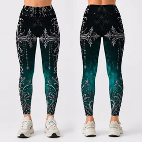 Gothic Cross Totem Silver Filigree Teal Gradient For Winter Festival Boho Western Style Leggings
