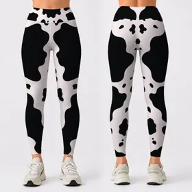 Elegant Black White Cowhide Spots Western Chic Rodeo Festival Outfit Style For Women Leggings