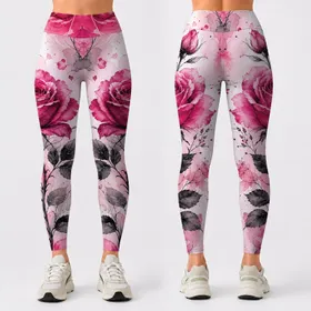 Watercolor Magenta Rose Bouquet Romantic Floral Style For Casual Everyday Outfits Leggings