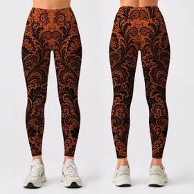 Gothic Black Lace Filigree On Burnt Orange Copper For Halloween Festival Wear Style Leggings