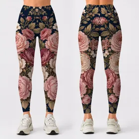 Midnight Navy Vintage Rose Garden Floral Boutique Style For Casual Weekend Outfits Leggings