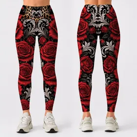 Crimson Roses Leopard Baroque Scrolls For Valentine Date Night Glam Style Women Look Leggings