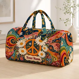 Peace Sign Daisy Rainbow Patchwork Hippie Boho Overnight Travel Gift For Women And Girls Quilted Weekend Bag