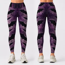 Gothic Black Bat Silhouettes On Distressed Purple Stripes For Halloween Punk Style Leggings