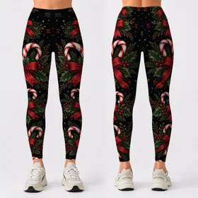 Candy Cane Holly Bouquet Christmas Holiday Wear for Women Winter Festive Outfits Leggings