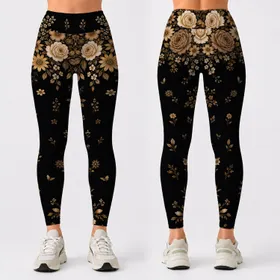 Vintage Gold Botanical Roses For Elegant Everyday Wear And Evening Outfits For Women Leggings