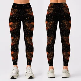 Enchanted Pumpkin Moth Halloween Costume Party Gothic Autumn Wear For Women Night Leggings