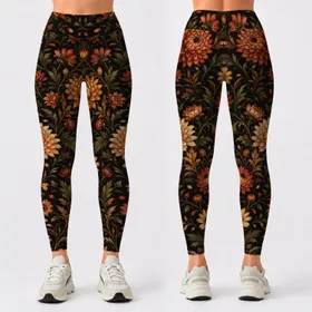 Autumn Chrysanthemum And Daisy Florals For Fall Yoga, Fitness And Casual Daily Wear Leggings