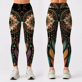 Celestial Floral Talisman Feather Cascade For Boho Yoga, Festivals And Everyday Wear Leggings