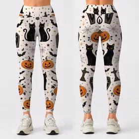 Black Cats Pumpkins Coffins for Halloween Parties and Spooky Season Costume Outfits Leggings