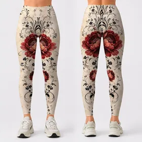 Crimson Peony And Black Vine Art Nouveau Floral For Romantic Evening Wear And Yoga Leggings