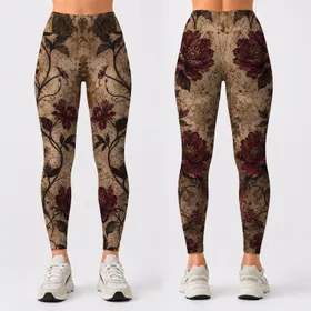Vintage Burgundy Floral Collage High Waist Activewear For Women Leggings