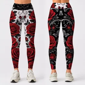 Crimson Red Roses, Black White Filigree Vines And Butterflies For Summer Date Style Leggings