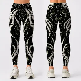 Glow In The Dark Skeleton Hands Halloween Goth Yoga Workout Athleisure Style For Women Leggings