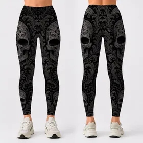 Gothic Bohemian Skulls With Charcoal Baroque Scrolls For Dark Festival Outfit Style Leggings