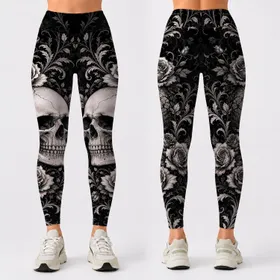 Ivory Skull With Baroque Roses For Gothic Night Out And Dark Romantic Plus Size Style Leggings