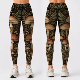 Enchanted Woodland Mushrooms With Ferns For Boho Forest Night Festival Outfit Look Leggings