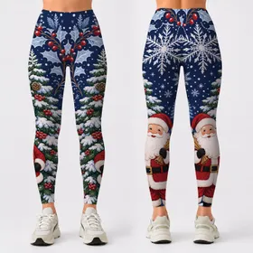 Santa And Snowy Christmas Tree With Blue Snowflakes For Festive Winter Holiday Style Leggings