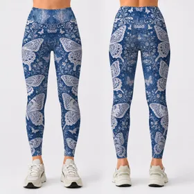 White Butterfly Lace On Indigo Denim Wash Resort Casual Summer Getaway Style For Women Leggings