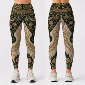 Ivory Angel Wings With Celtic Knots And Gold Baroque Florals For Mystical Outfits Leggings