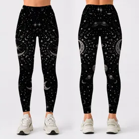 Silver Celestial Moon And Star Night Sky For Everyday Wear, Yoga And Stargazing Women Leggings